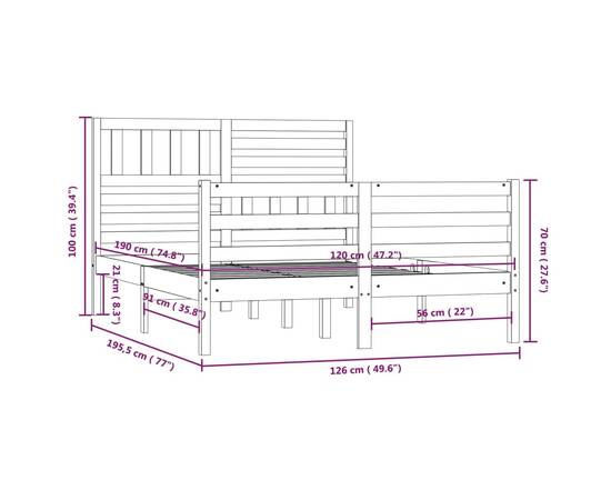 Cadru de pat small double 4ft, alb, 120x190 cm, lemn masiv, 9 image