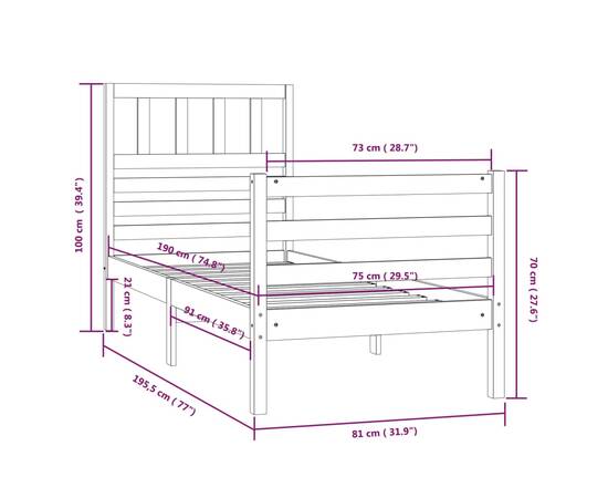 Cadru de pat small single 2ft6, 75x190 cm, lemn masiv, 9 image