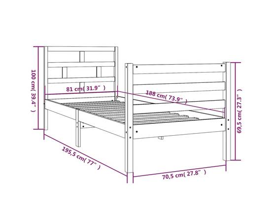 Cadru de pat small single 2ft6, alb, 75x190 cm, lemn masiv, 8 image