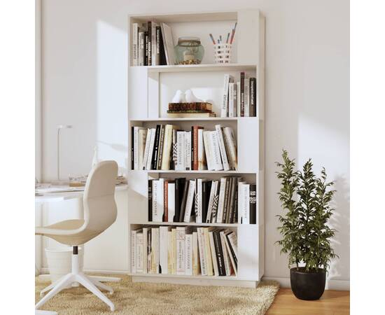 Bibliotecă/separator cameră, alb, 80x25x132 cm lemn masiv pin, 6 image