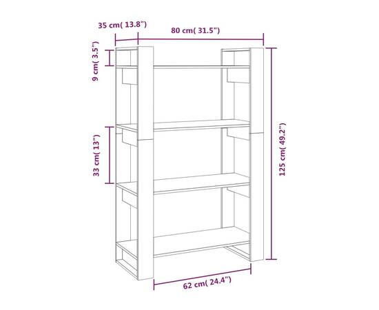 Bibliotecă/separator cameră, alb, 80x35x125 cm, lemn masiv pin, 8 image