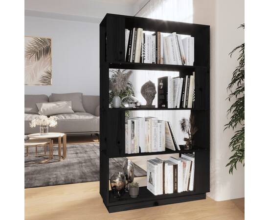 Bibliotecă/separator cameră, negru, 80x25x132 cm lemn masiv pin