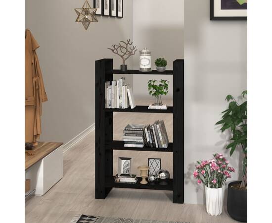 Bibliotecă/separator cameră negru 80x35x125 cm lemn masiv pin