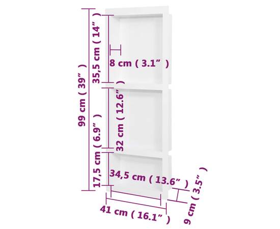 Nișă de duș, 3 compartimente, alb mat, 41x99x9 cm, 7 image