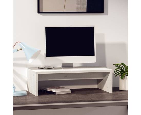 Suport pentru monitor, alb, 50x27x15 cm, lemn masiv pin, 3 image