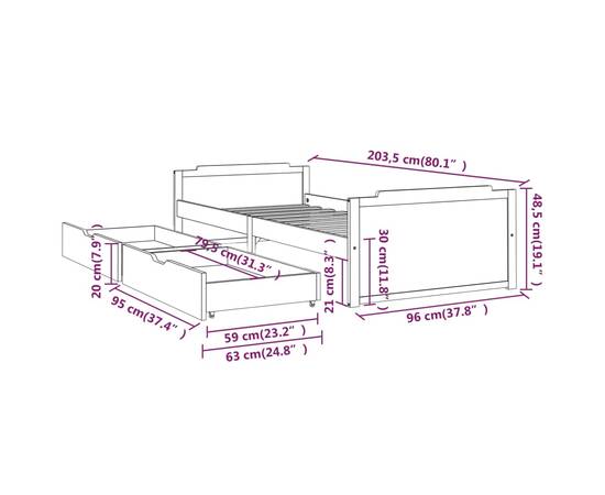 Cadru de pat cu 2 sertare, alb, 90 x 200 cm, lemn masiv de pin, 9 image
