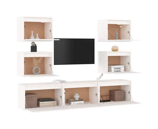 Comode tv, 7 buc., alb, lemn masiv de pin, 4 image