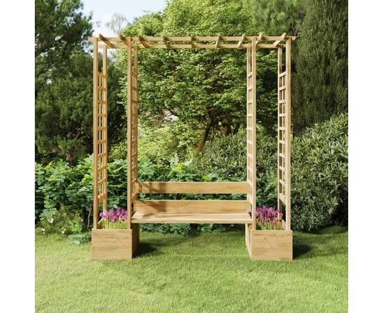 Pergolă de grădină cu bancă și jardinieră lemn masiv pin tratat
