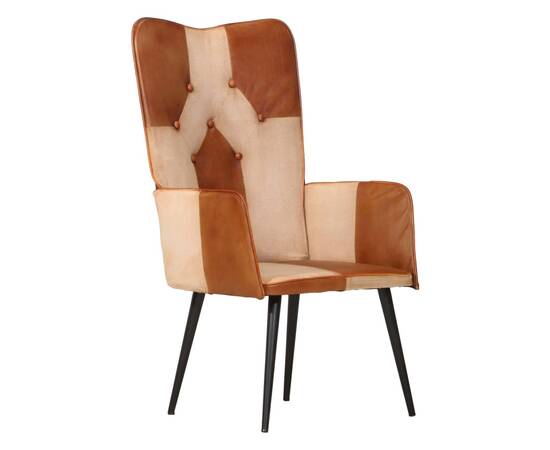 Scaun cu spătar înalt, maro și crem, piele naturală, 2 image