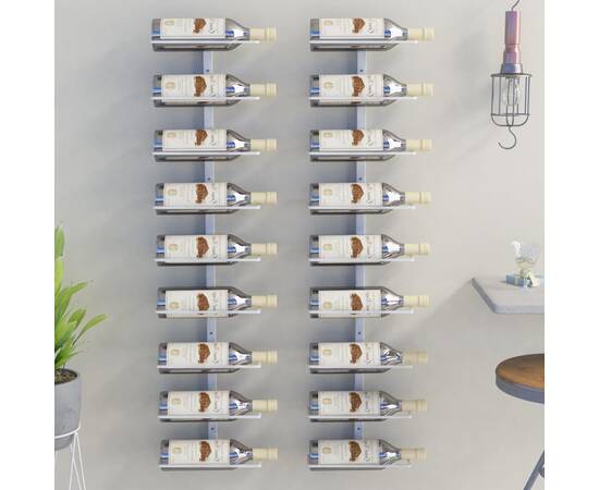 Suport sticle de vin, de perete, 9 sticle, 2 buc., alb, fier