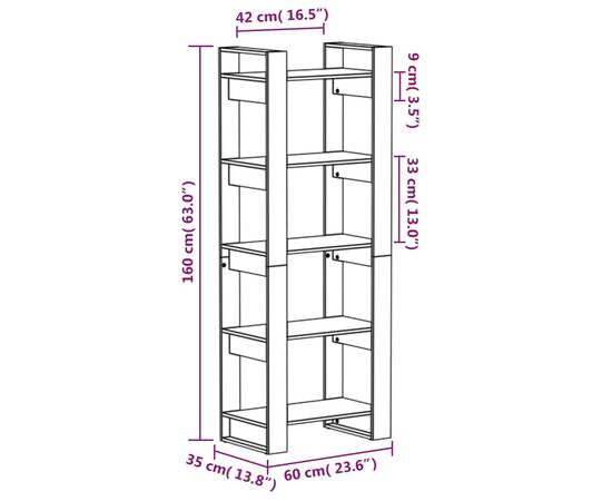 Bibliotecă/separator cameră, alb, 60x35x160 cm, lemn masiv, 8 image