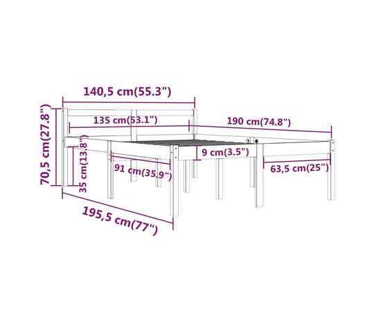 Cadru de pat dublu 4ft6, alb, 135x190 cm, lemn masiv de pin, 8 image