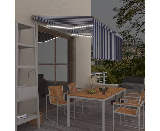 Copertină automată cu stor&led&senzor vânt albastru&alb 3x2,5 m