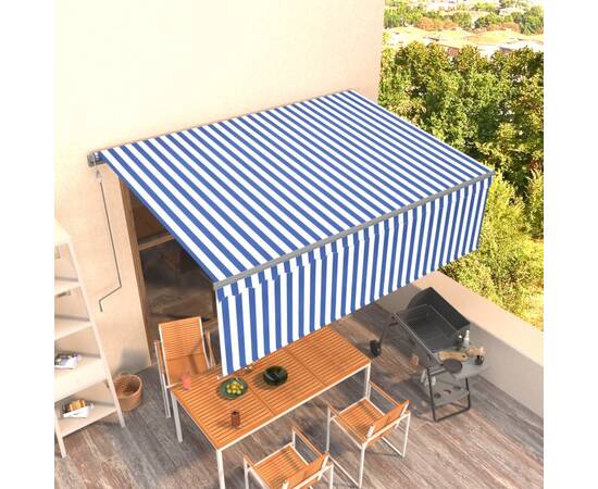 Copertină retractabilă automat cu stor, albastru&alb, 4,5x3 m