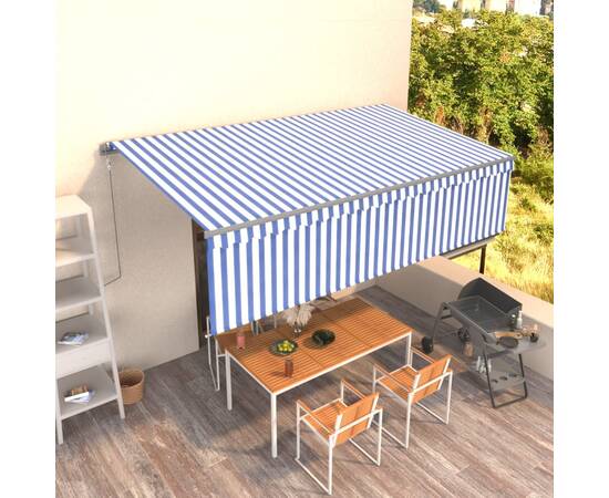 Copertină retractabilă automat cu stor, albastru&alb, 5x3 m