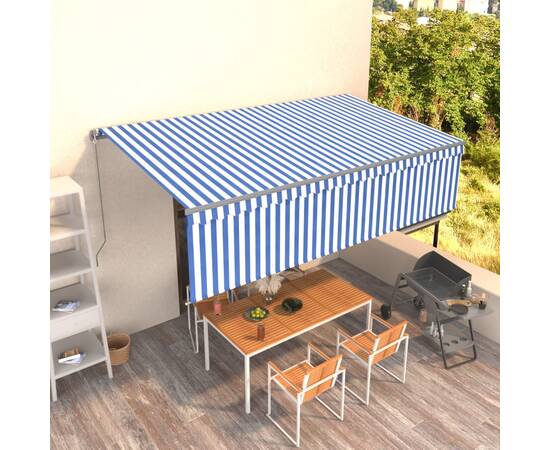 Copertină retractabilă manual cu stor, albastru&alb, 5x3 m