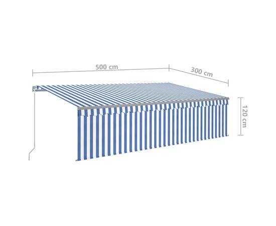 Copertină retractabilă manual cu stor, albastru&alb, 5x3 m, 7 image