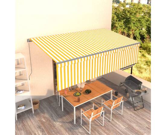 Copertină retractabilă manual cu stor, galben&alb, 5x3 m