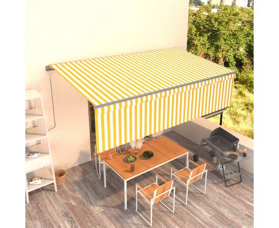 Copertină retractabilă manual cu stor, galben&alb, 5x3 m