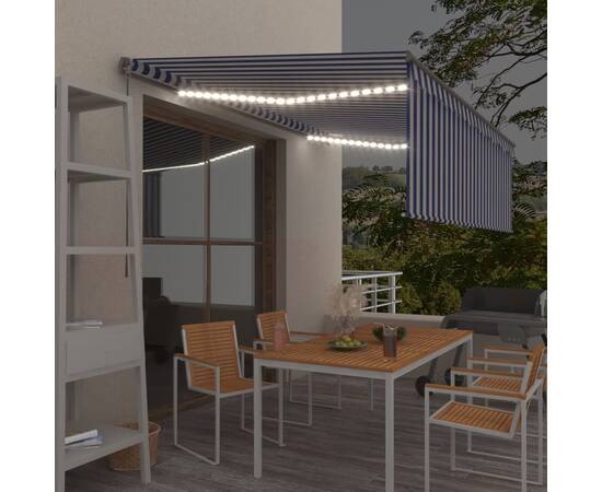 Copertină retractabilă manual cu stor&led, albastru&alb, 4,5x3m