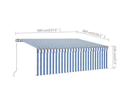 Copertină retractabilă manual cu stor&led, albastru&alb, 4x3 m, 7 image