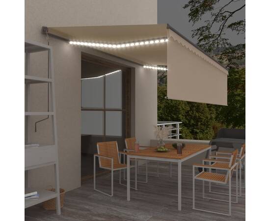 Copertină retractabilă manual cu stor&led, crem, 5x3 m