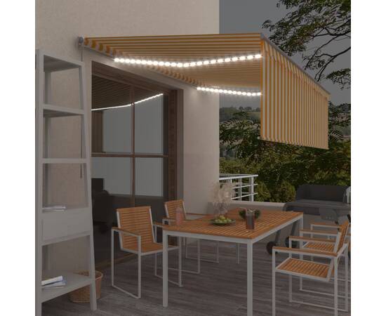 Copertină retractabilă manual cu stor&led, galben&alb, 4,5x3 m