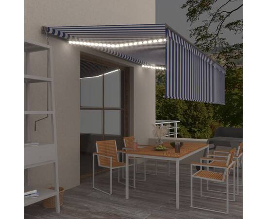 Copertină retractabilă manual cu stor&led,albastru&alb, 5x3 m