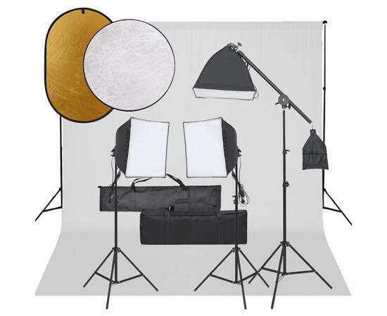 Set studio foto cu set de lumini, fundal și reflector