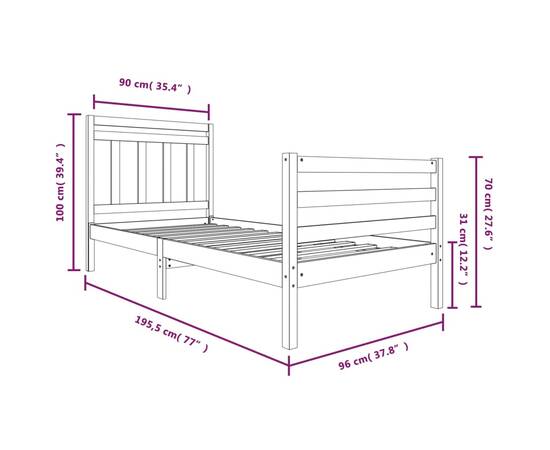 Cadru de pat single 3ft, alb, 90x190 cm, lemn masiv, 7 image