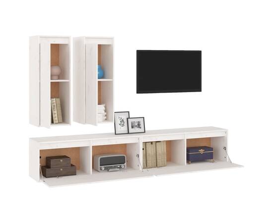 Comode tv, 4 buc., alb, lemn masiv de pin, 4 image