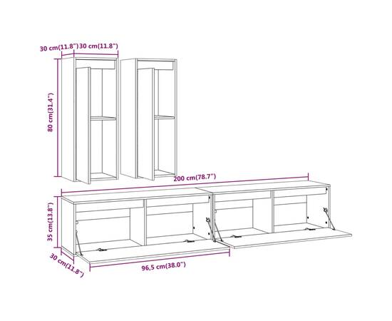 Comode tv, 4 buc., alb, lemn masiv de pin, 9 image