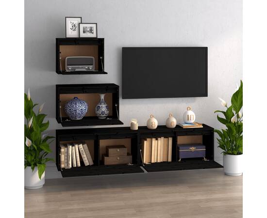 Comode tv, 4 buc., negru, lemn masiv de pin, 3 image