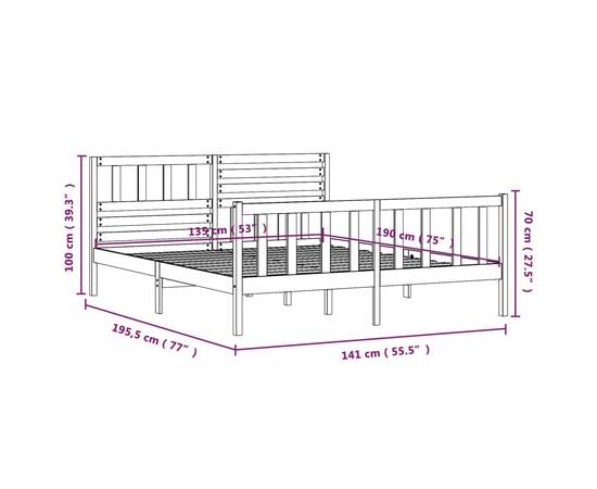 Cadru de pat dublu 4ft6, alb, 135x190 cm, lemn masiv, 9 image