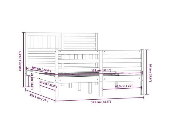 Cadru de pat dublu 4ft6, gri, 135x190 cm, lemn masiv, 9 image