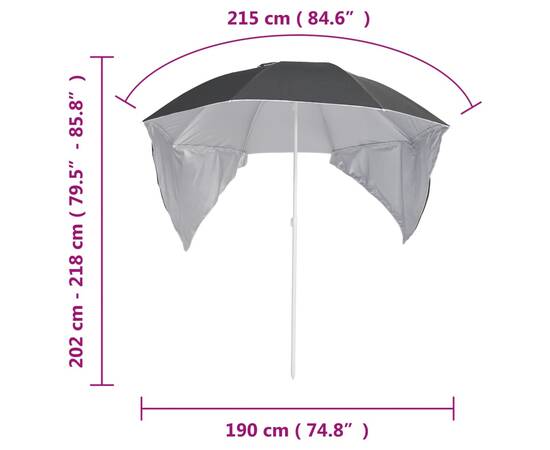 Umbrelă de plajă cu pereți laterali antracit 215 cm, 9 image