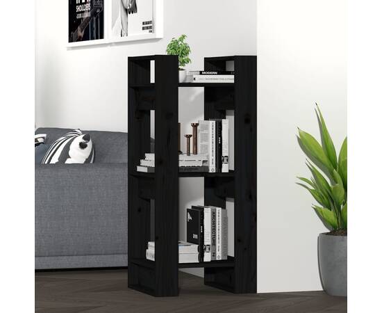 Bibliotecă/separator cameră, negru, 41x35x91 cm, lemn masiv pin