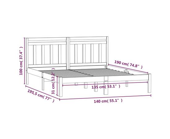 Cadru de pat dublu 4ft6, alb, 135x190 cm, lemn masiv, 9 image