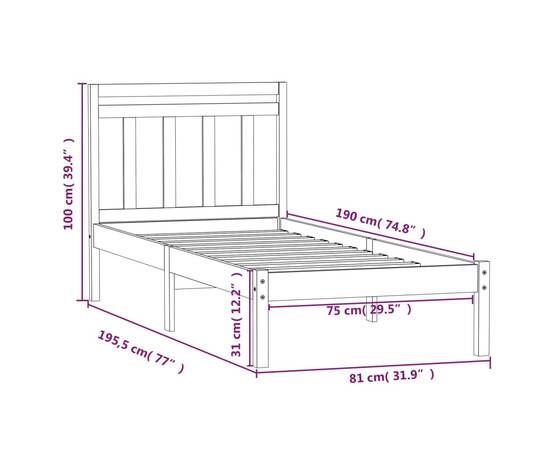 Cadru de pat small single 2ft6, 75x190 cm, lemn masiv, 9 image