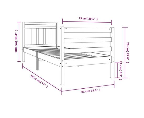 Cadru de pat small single 2ft6, alb, 75x190 cm, lemn masiv, 7 image