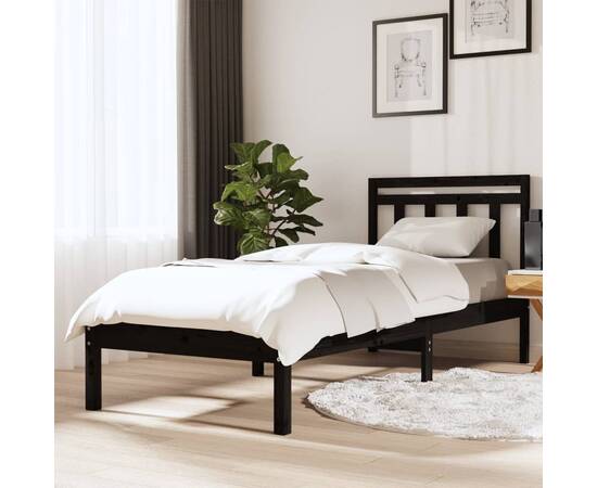 Cadru de pat small single uk 2ft6, negru, 75x190 cm, lemn masiv