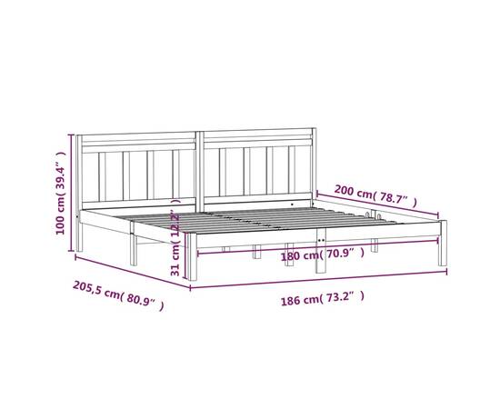 Cadru de pat super king 6ft, negru, 180x200 cm, lemn masiv, 9 image