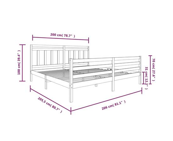Cadru de pat, gri , 200x200 cm, lemn masiv, 7 image