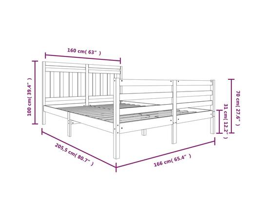 Cadru de pat, gri, 160x200 cm, lemn masiv, 7 image