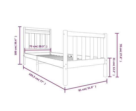 Cadru de pat small single 2ft6, negru, 75x190 cm lemn masiv, 9 image