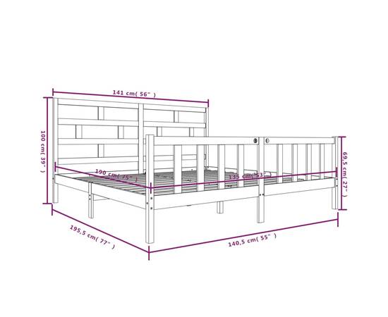 Cadru de pat dublu 4ft6, alb, 135x190 cm, lemn masiv de pin, 9 image