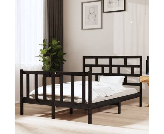 Cadru de pat dublu 4ft6, negru, 135x190 cm, lemn masiv de pin