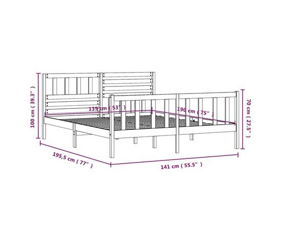 Cadru de pat dublu 4ft6, negru, 135x190 cm, lemn masiv, 9 image