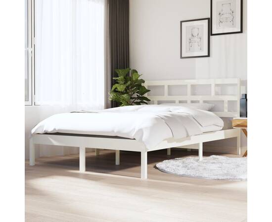 Cadru de pat dublu 4ft6, alb, 135x190 cm, lemn masiv