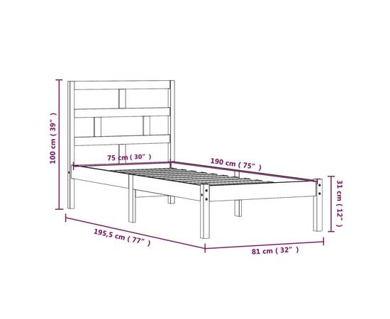 Cadru de pat small single 2ft6, alb, 75x190 cm, lemn masiv, 9 image